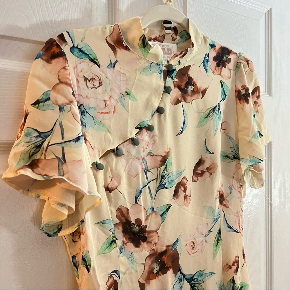 Stone Cold Fox Cream Floral Mini Dress with Teal and Brown Accents - Picture 3 of 8